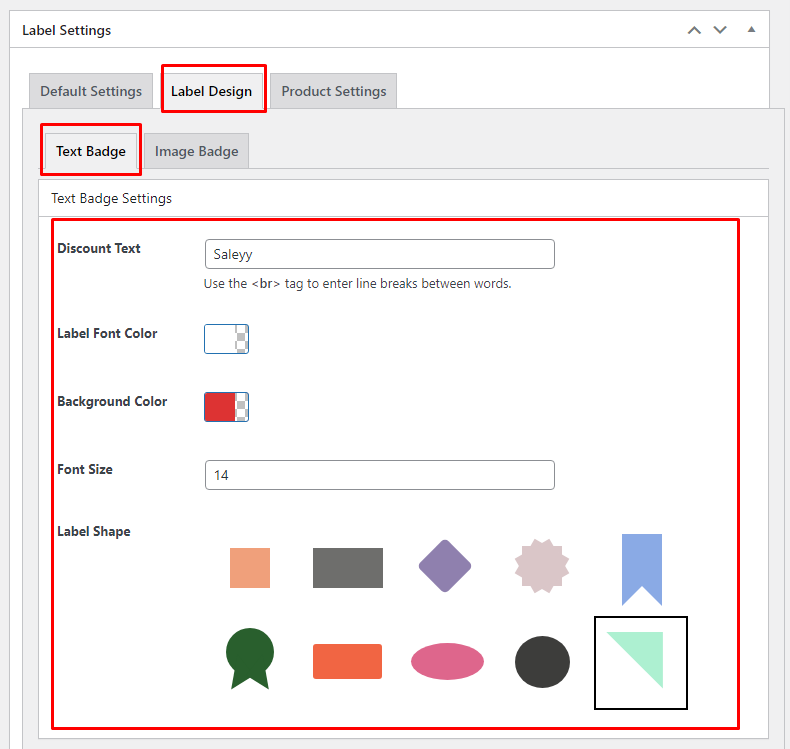 Text badge settings — shape selector, color pickers, font controls, and Live Preview.