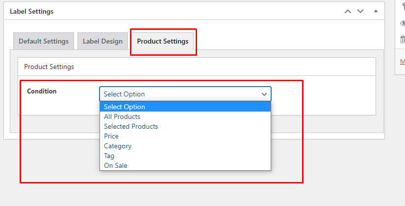 Conditional display settings — target products, categories, tags, price, sale status, or stock status.