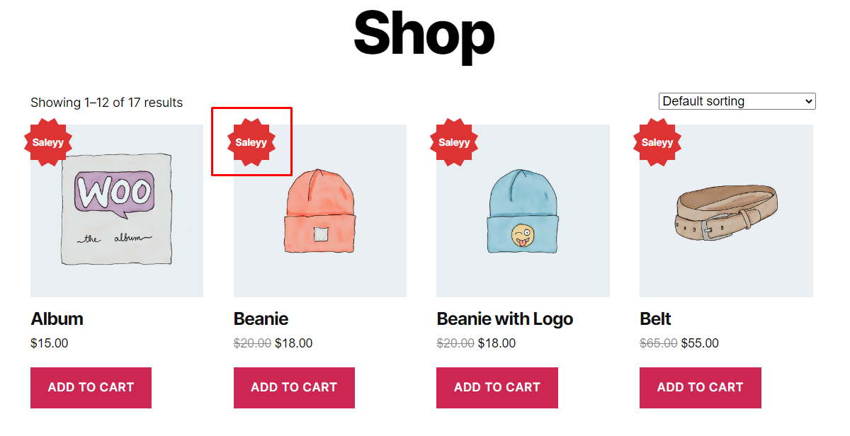 Frontend result — badges displayed on shop page, category page, and single product page.