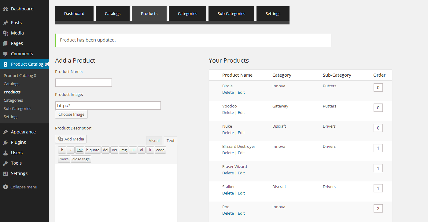Screenshot of a backend administration page