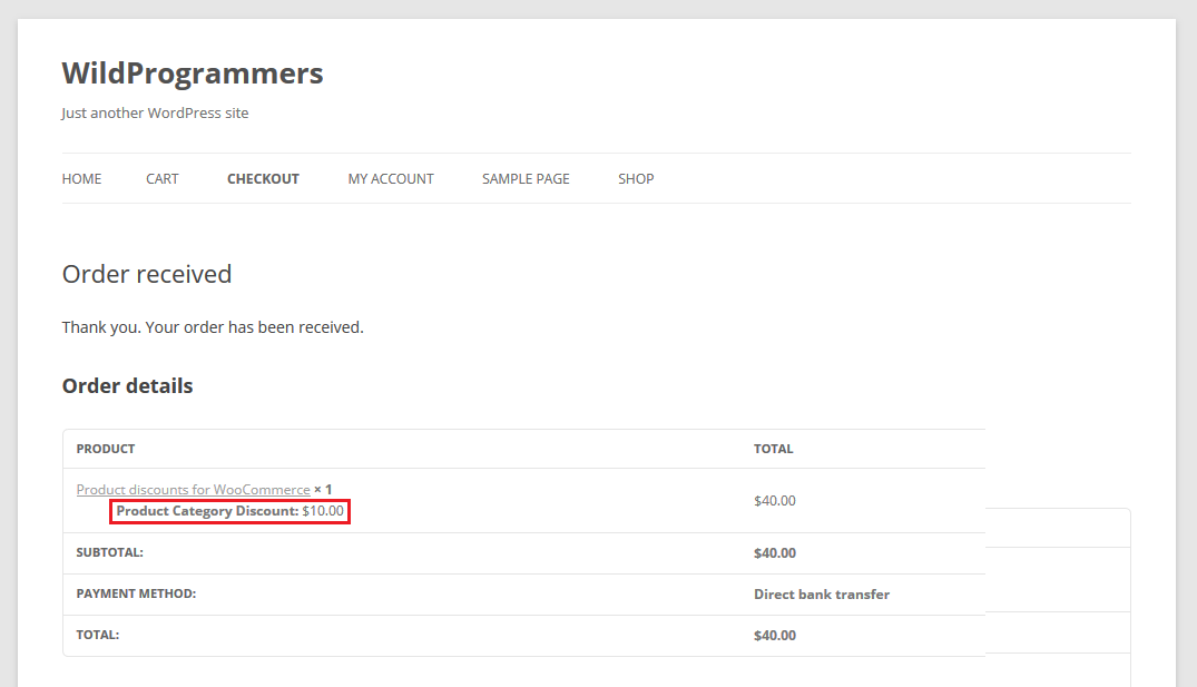 Discount on order recieved / thankyou page