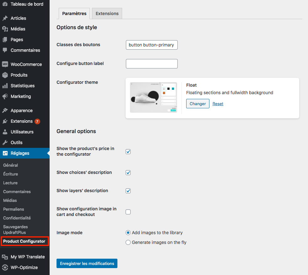Editing a configuration - Layers screen
