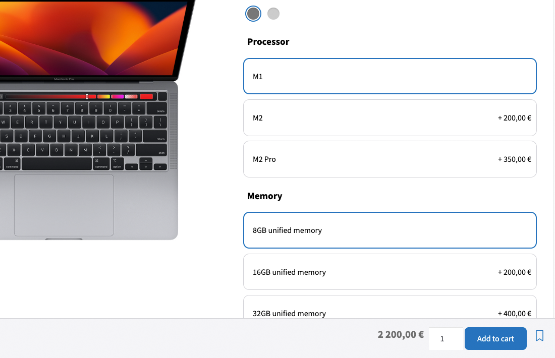 Frontend: configuring a product