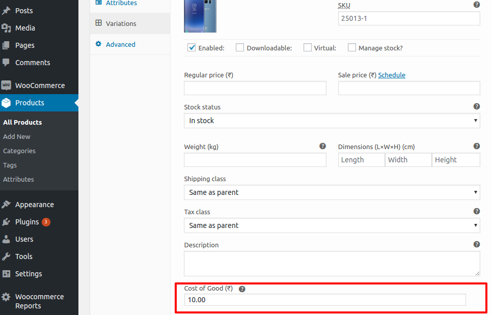 You can add cost of good for each variation product.