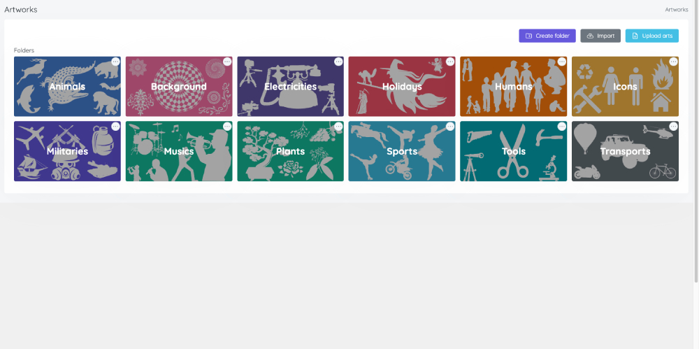 **Import resources** - Allows free import resources (Artworks, templates, texts, fonts, products base...) from store.