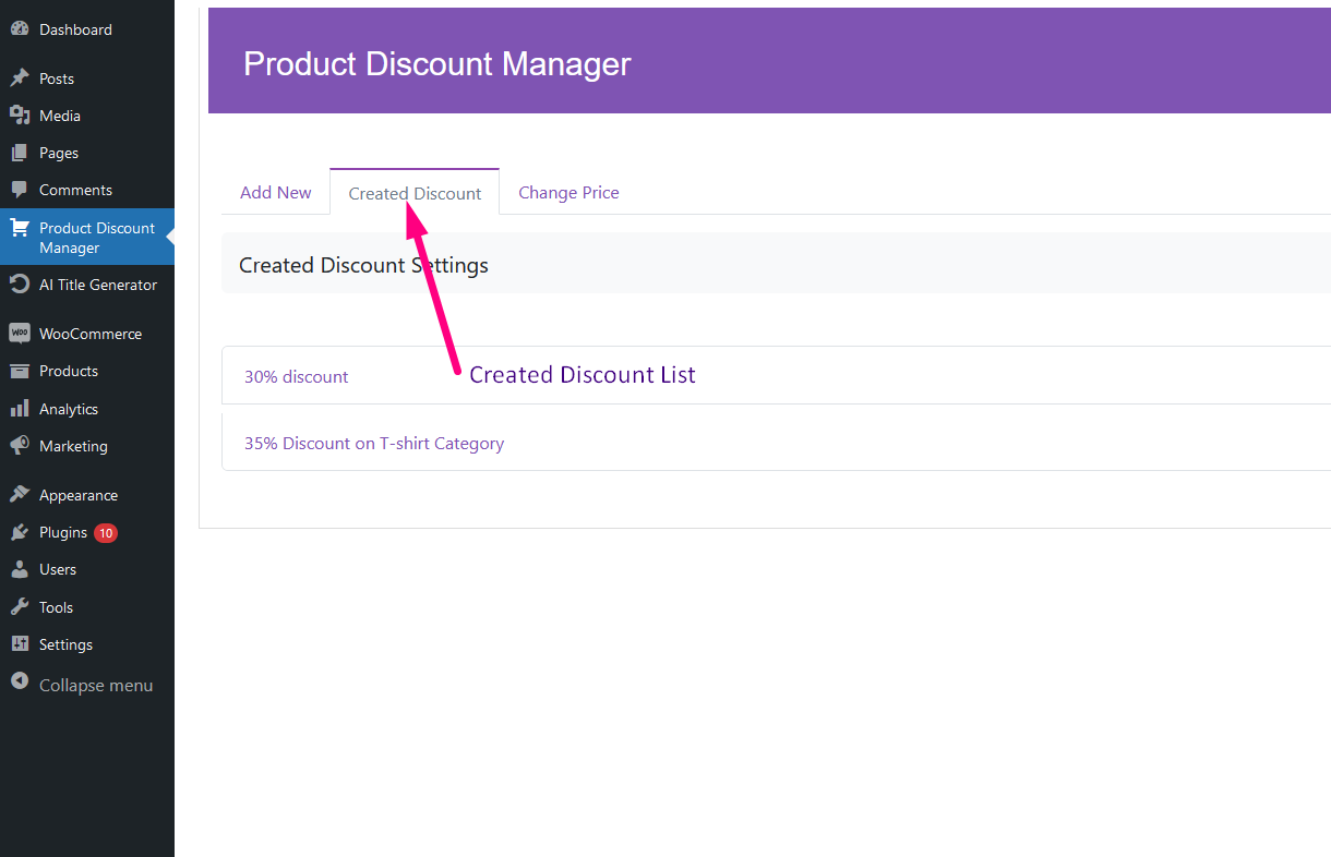 Created Discount List