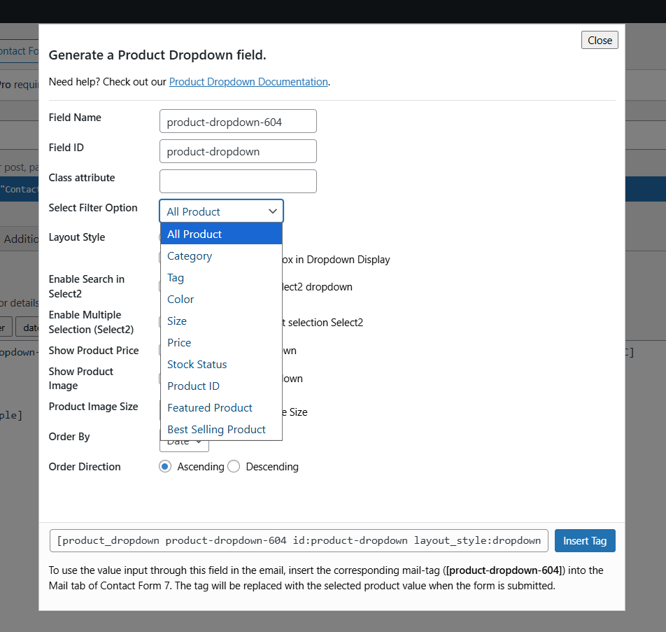 Screenshot of the admin panel where you can configure the dropdown settings.