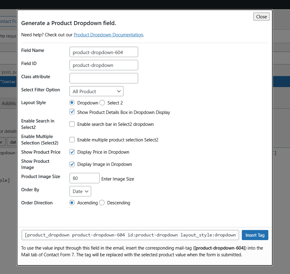 Example of the product dropdown with applied filters.