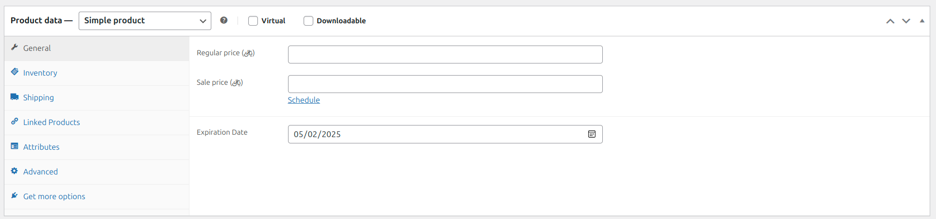 Expiration date field in WooCommerce product edit screen.