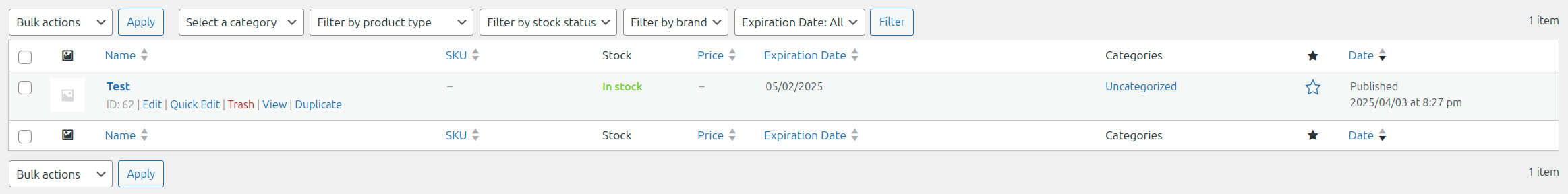Expiration date column in the products list.