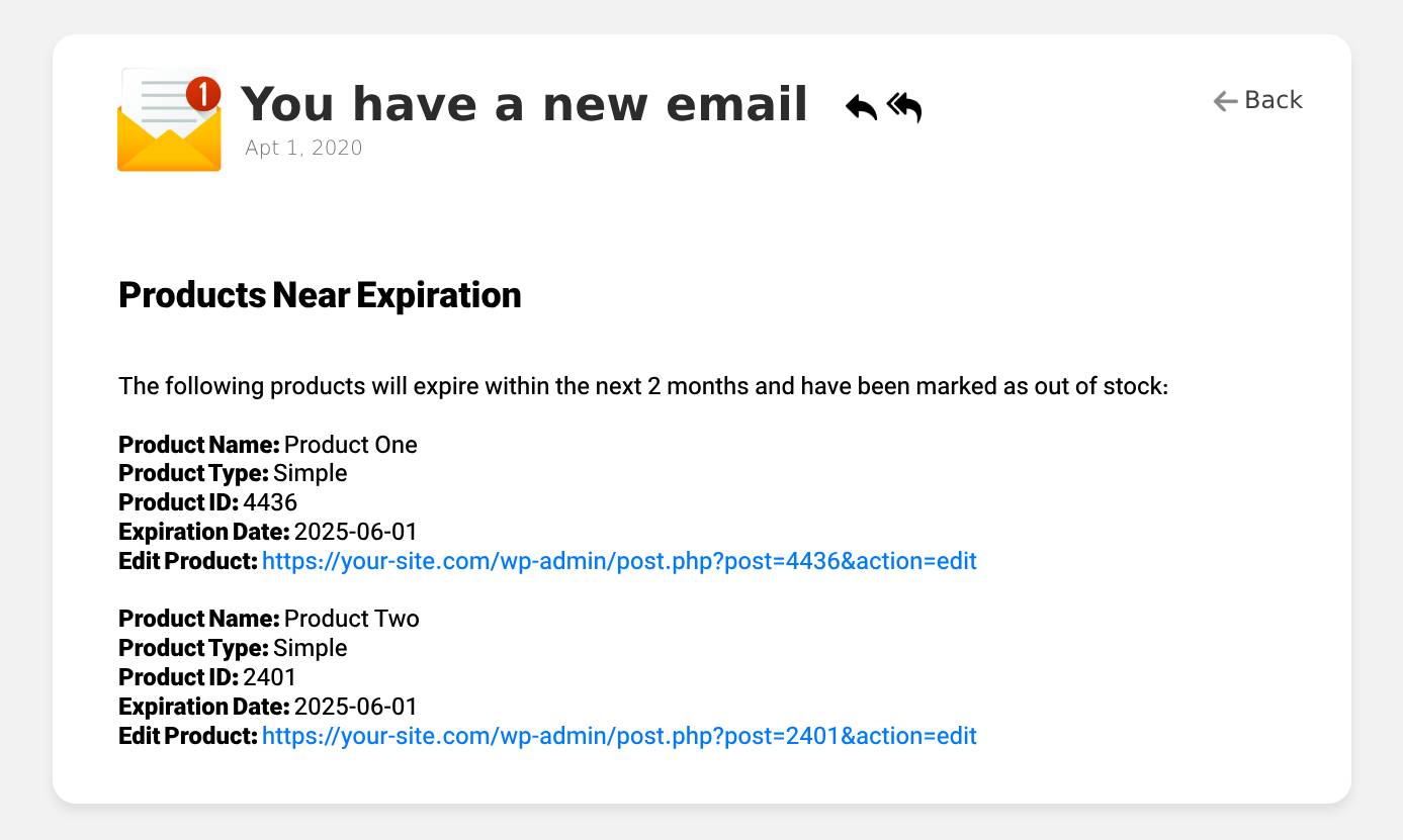 Sample email notification for expiring products.