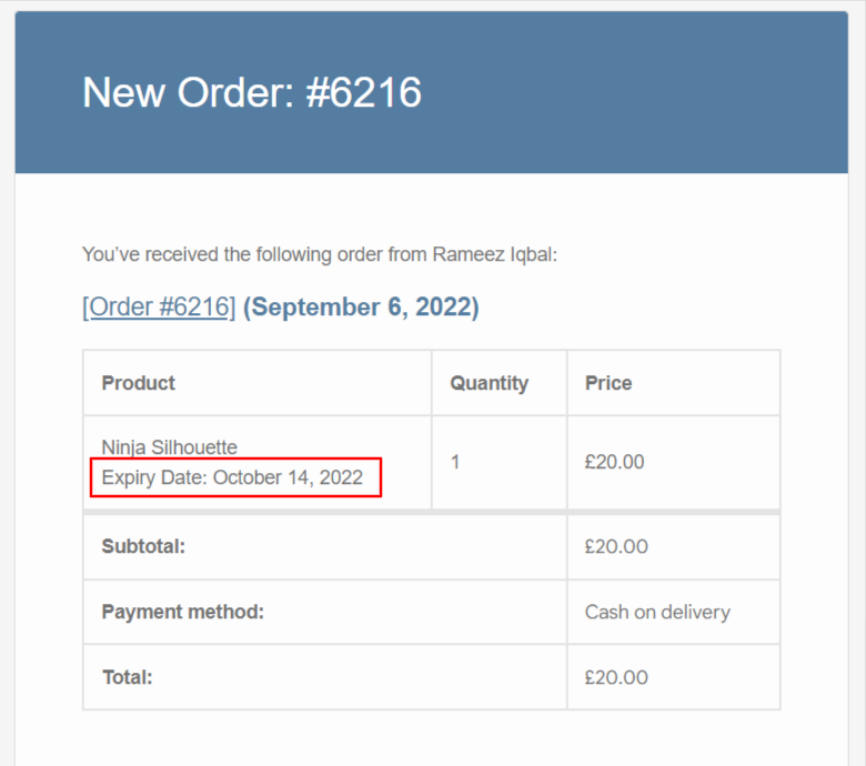 Expire date in order emails