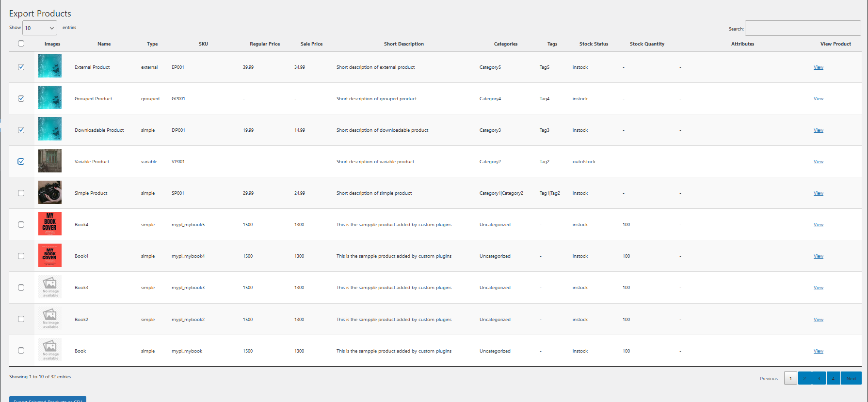Product export page.