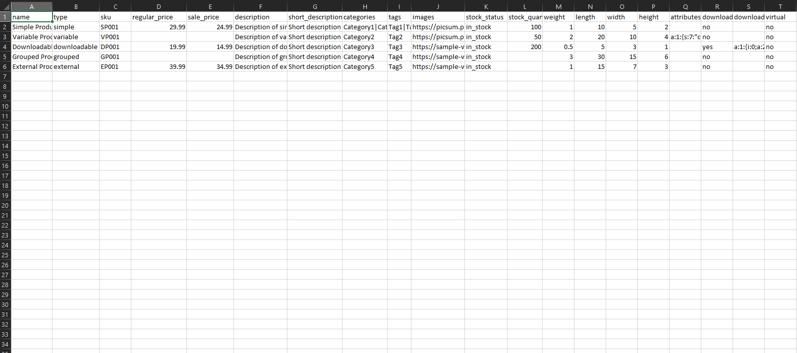 Sample CSV file format.