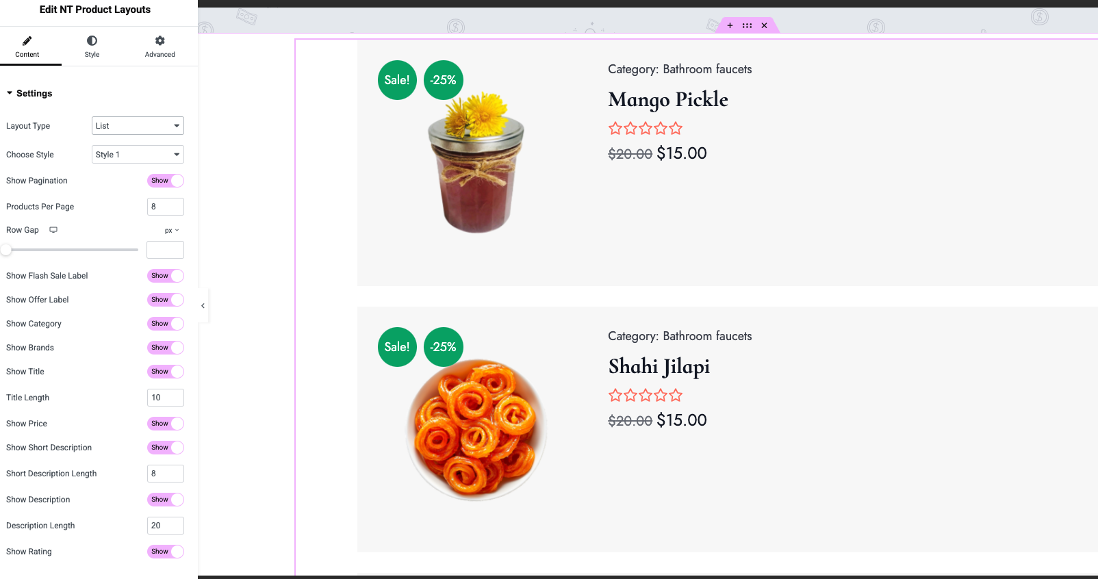 Screenshot of list layout