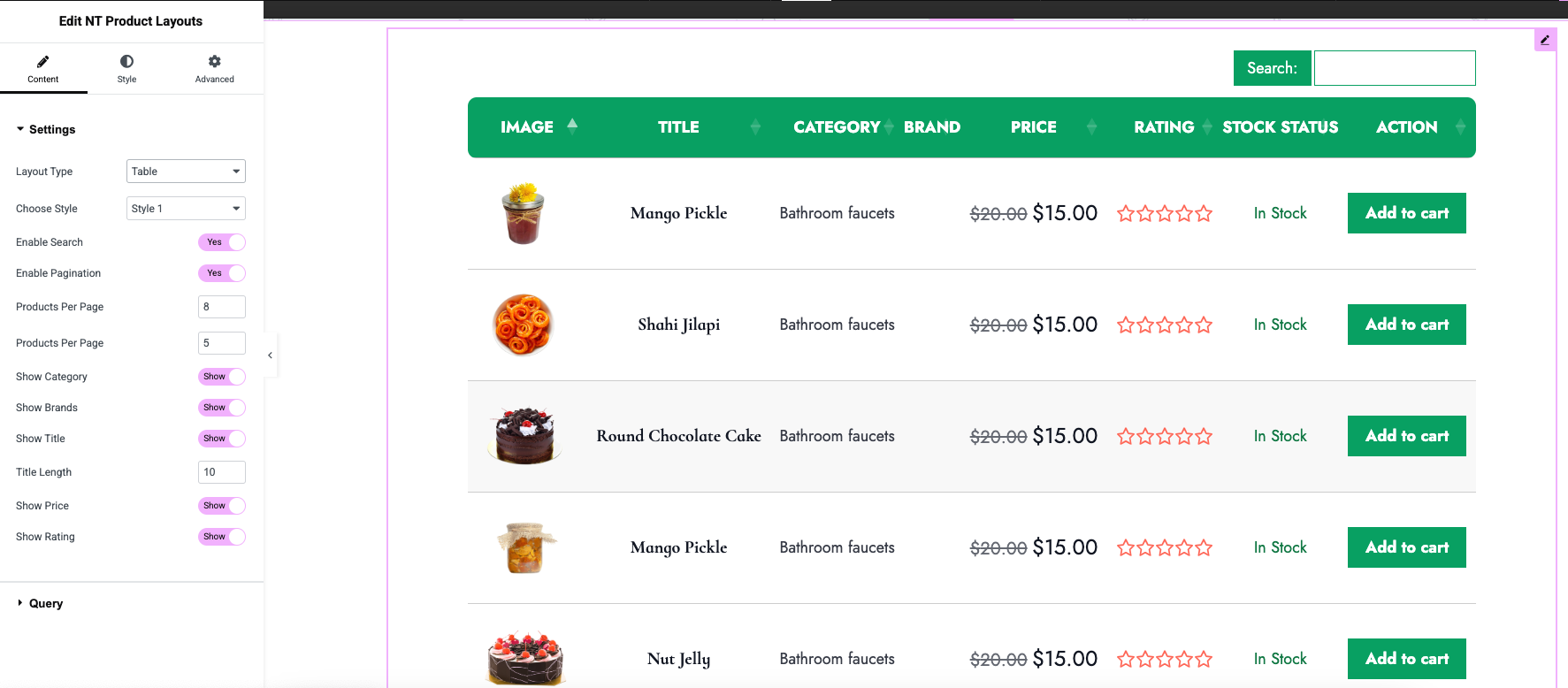 Screenshot of table layout