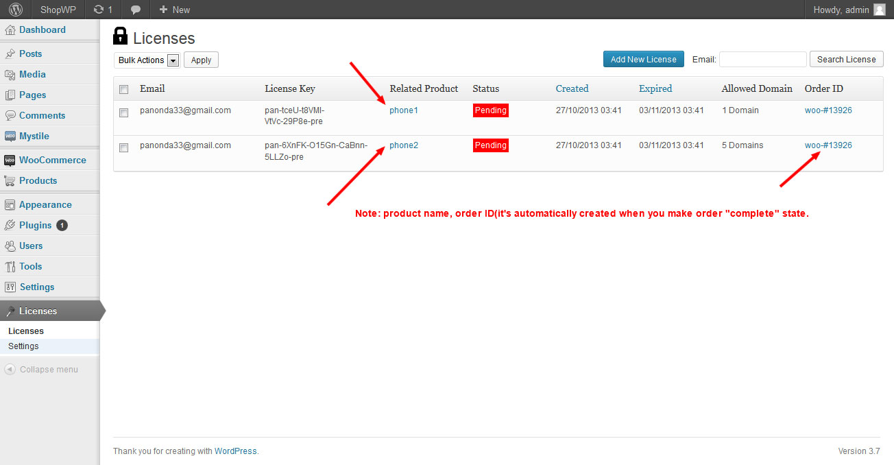 when admin makes the product's status completed, plugin creates license automatically.