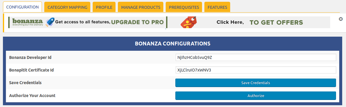 “Bonanza details” that allows merchant to fill the basic bonanza configuration details which merchant gets from https://api.bonanza.com/accounts/new.