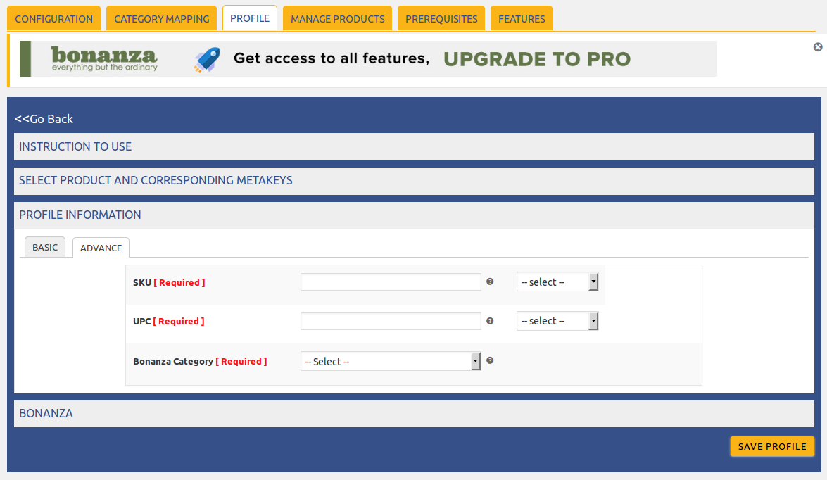 This tab will enable you to create profile and where you can set the common attributes value for product and then assign profile to product from “Manage Product” Section. While creating profile you can also map your attributes field with any other meta field. Using profile you can handle common attributes values easily and also remove the redundancy of data.