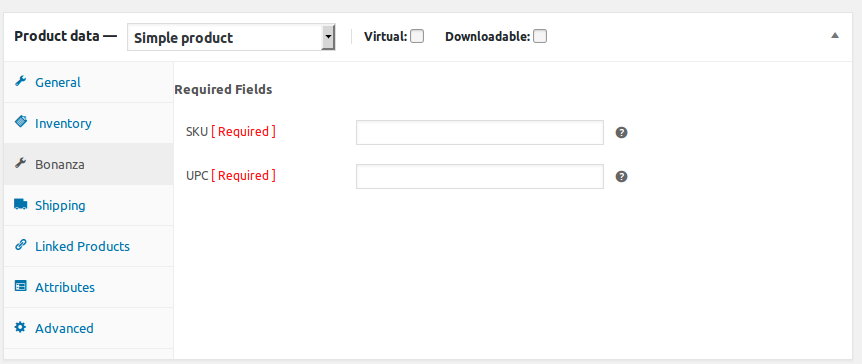 Product edit page Fields details for filling Bonaza required details.