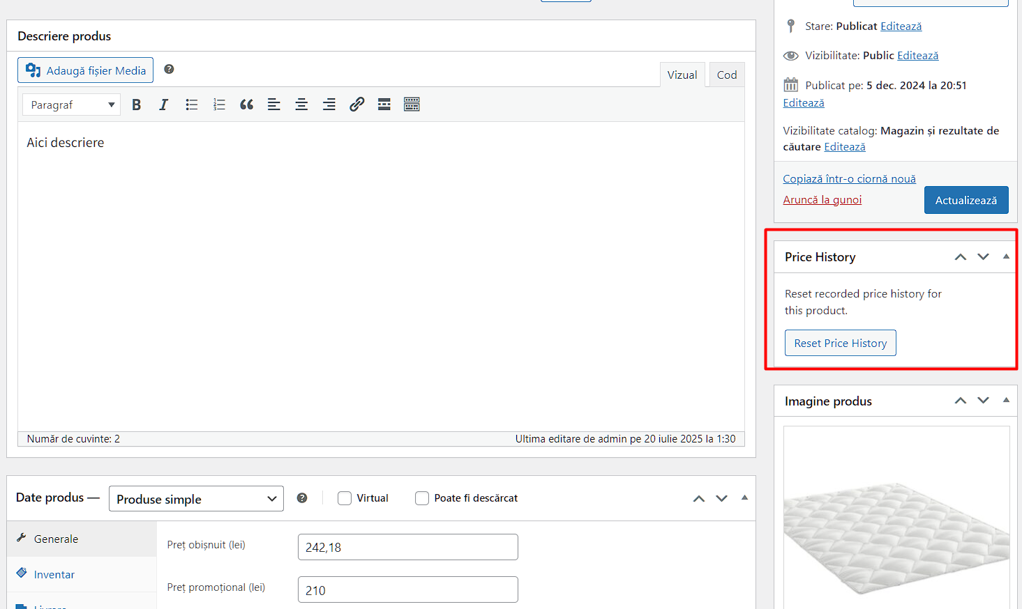 Reset price history per product in admin