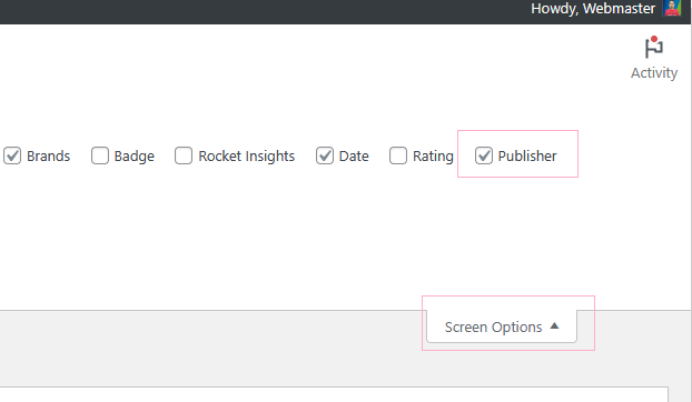 Enabling the Publisher column using the Screen Options tab.