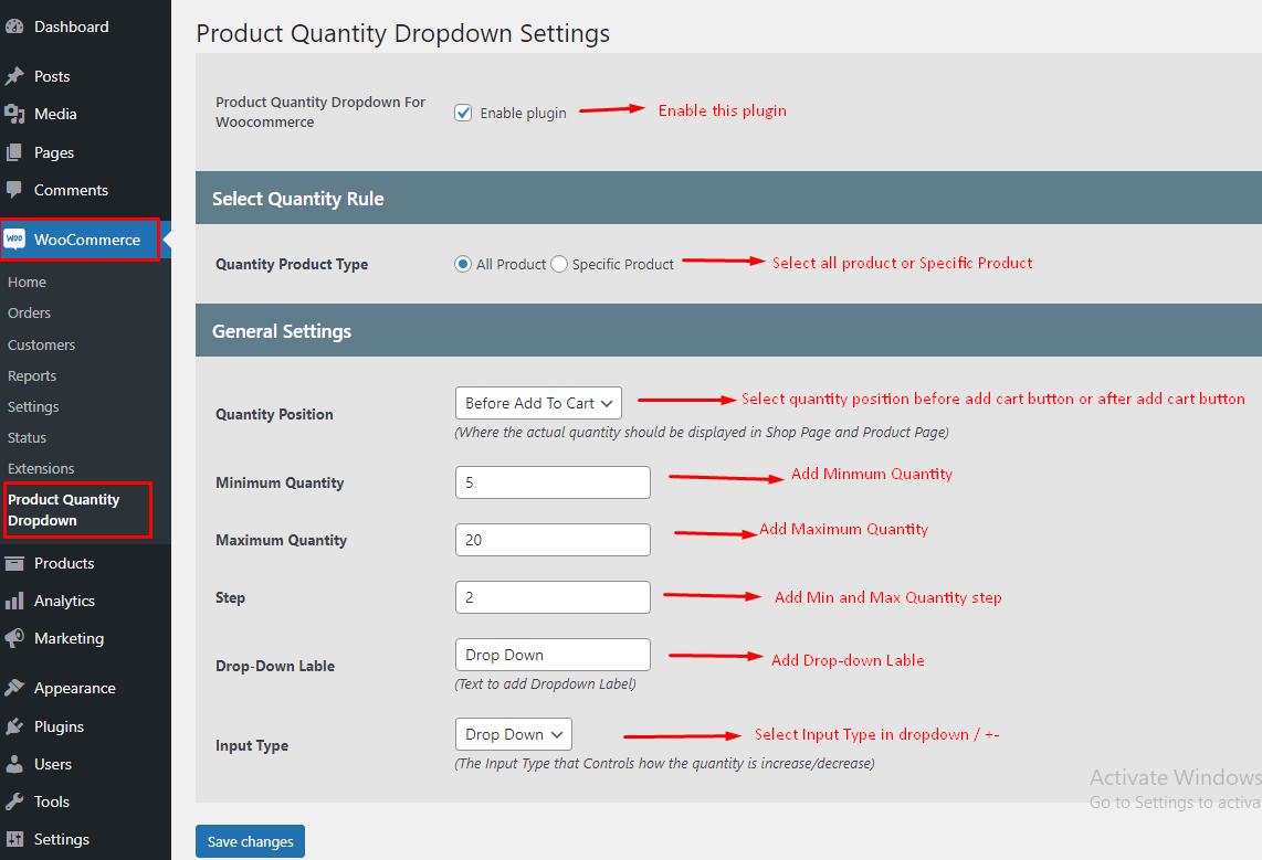 Product quantity dropdown settings