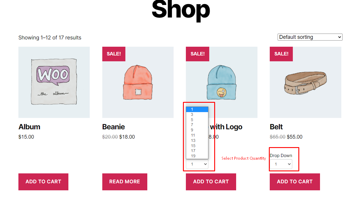 Shop page products quantity dropdown