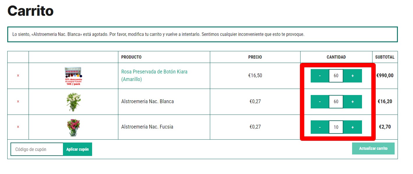On the cart page it will only be possible to select those quantities.