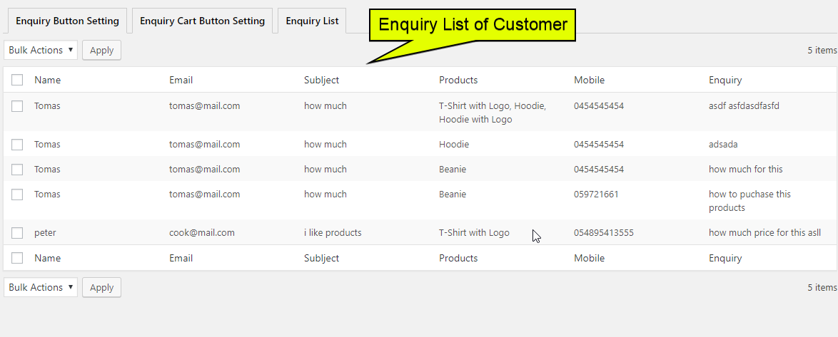 **Enquiry Cart Page** – The customer-facing quote cart with product list and submission form.