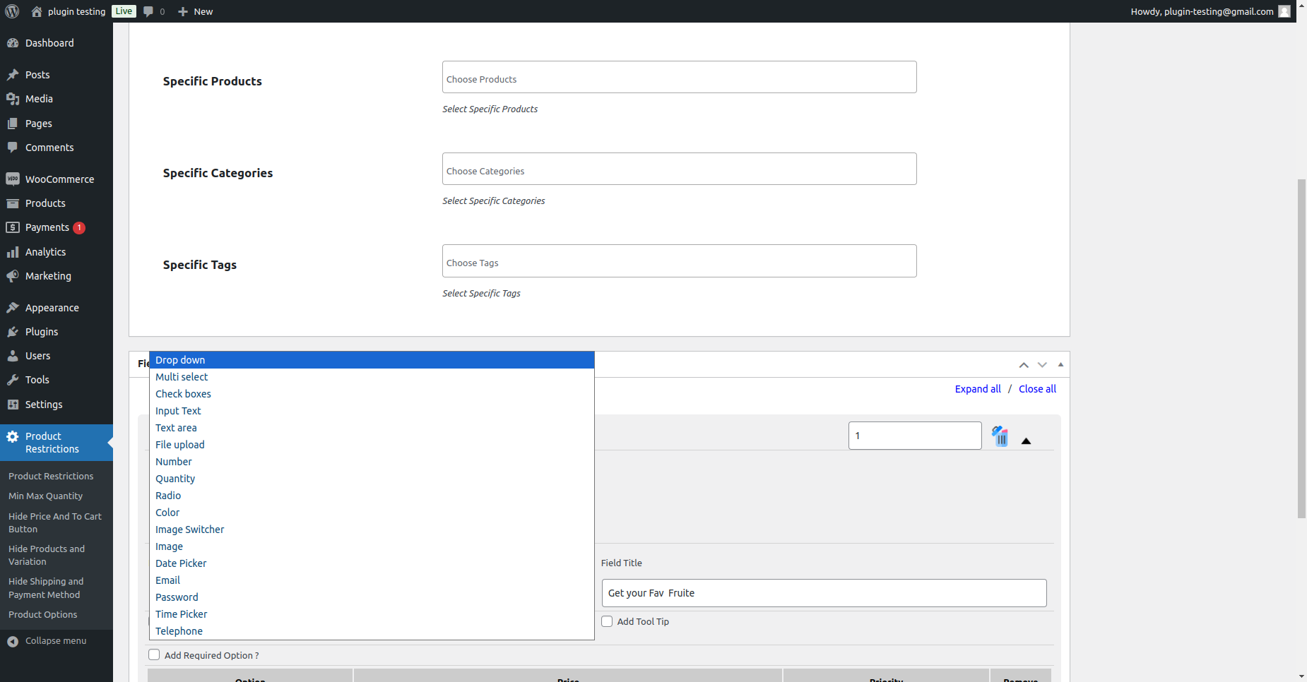 Product Option Available Fields