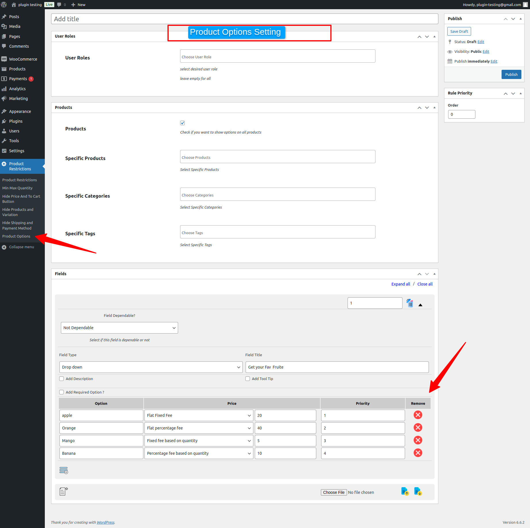 Product Options Pricing options and Setting