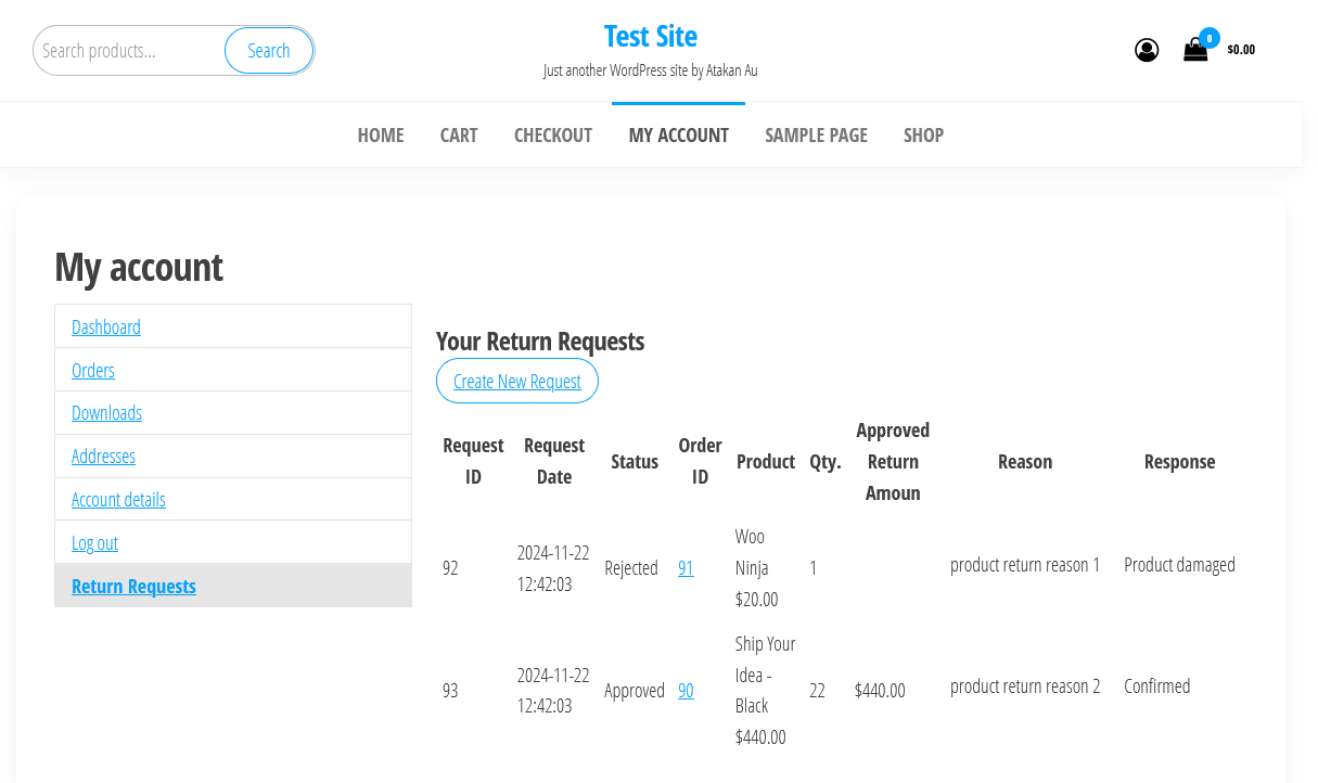 Screenshot 1: The product return requests list on the frontend.