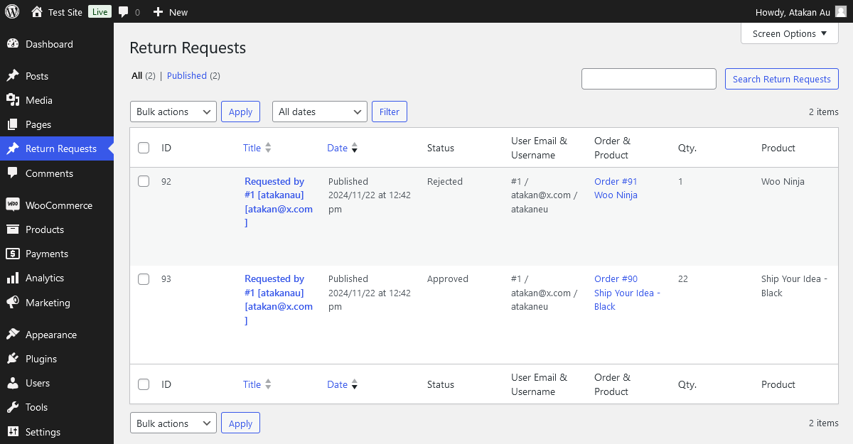 Screenshot 2: Admin view for managing return requests.