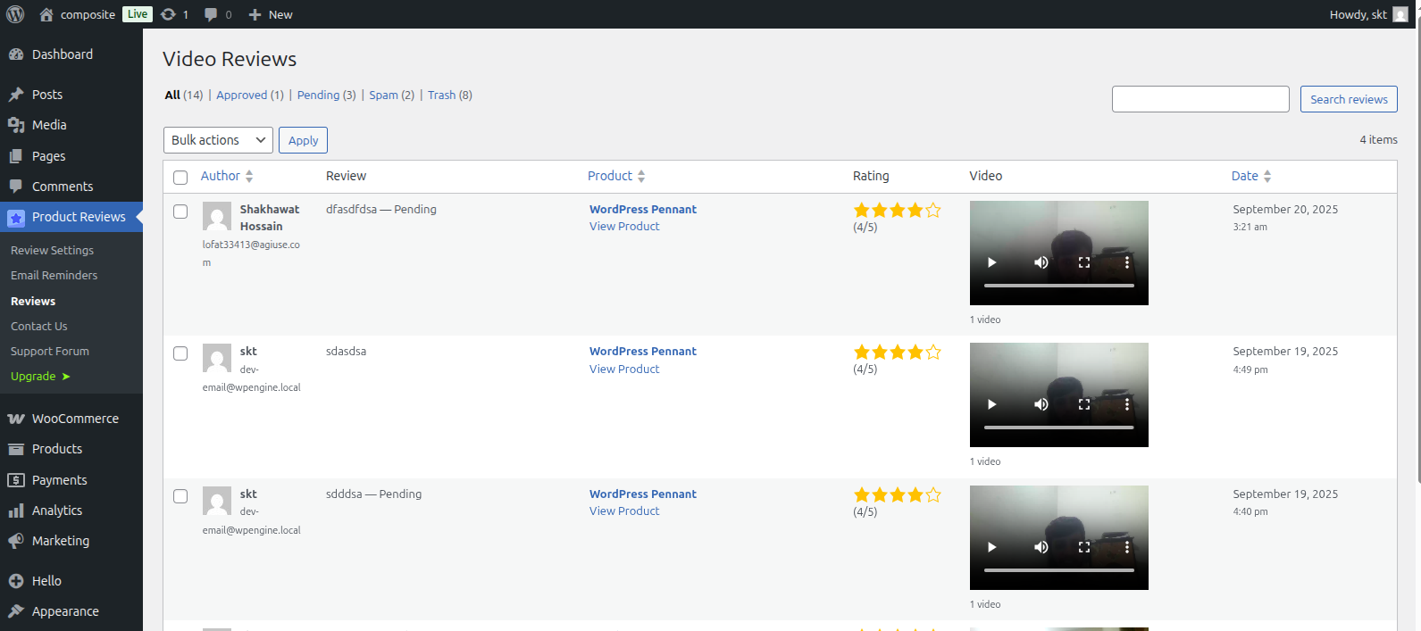 **Video Reviews Management** - Dedicated admin page to view and manage all video reviews