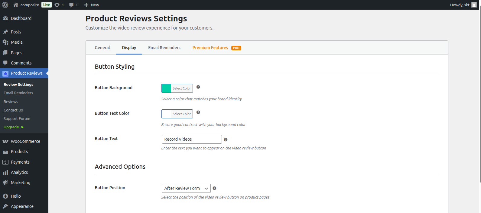 **Button Customization** - Live preview of video button styling and positioning options