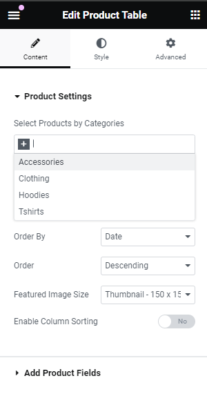 Product Table Elementor Editor Settings