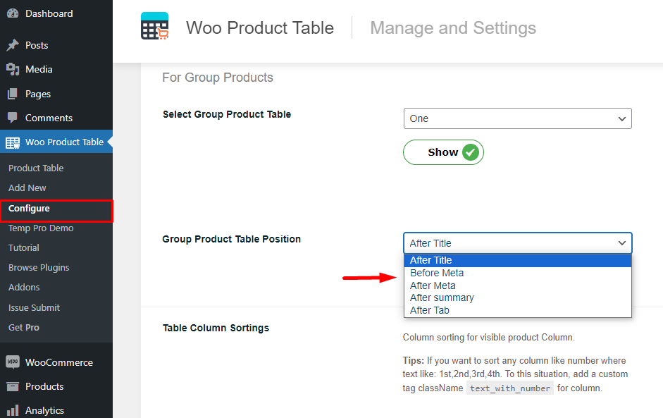 Select table from dropdown.
