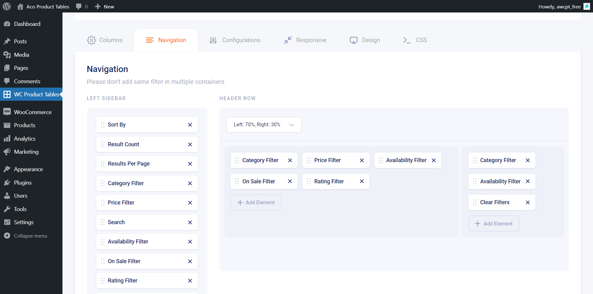 Table Design Settings