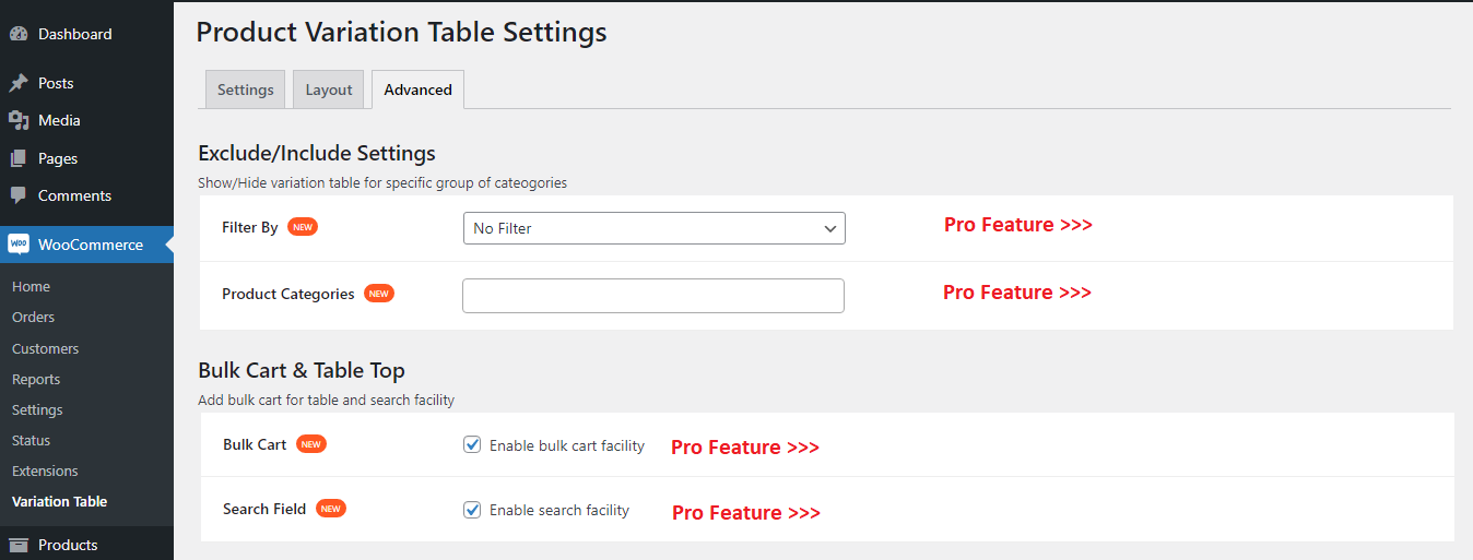 Advanced Tab- Exlclude/Include Settings, Bulk Cart & Table Top Section