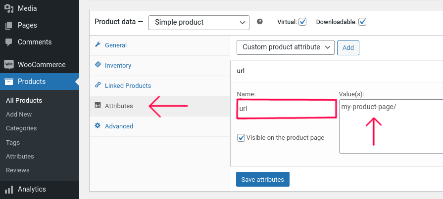 Product settings - Add a custom attribute "url" to your product and set the link to the detail page you've created. This will be used in the "WC Product list" widget.
