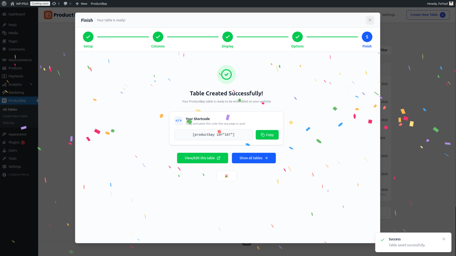 The ProductBay dashboard — manage all your tables with status indicators and shortcodes at a glance.