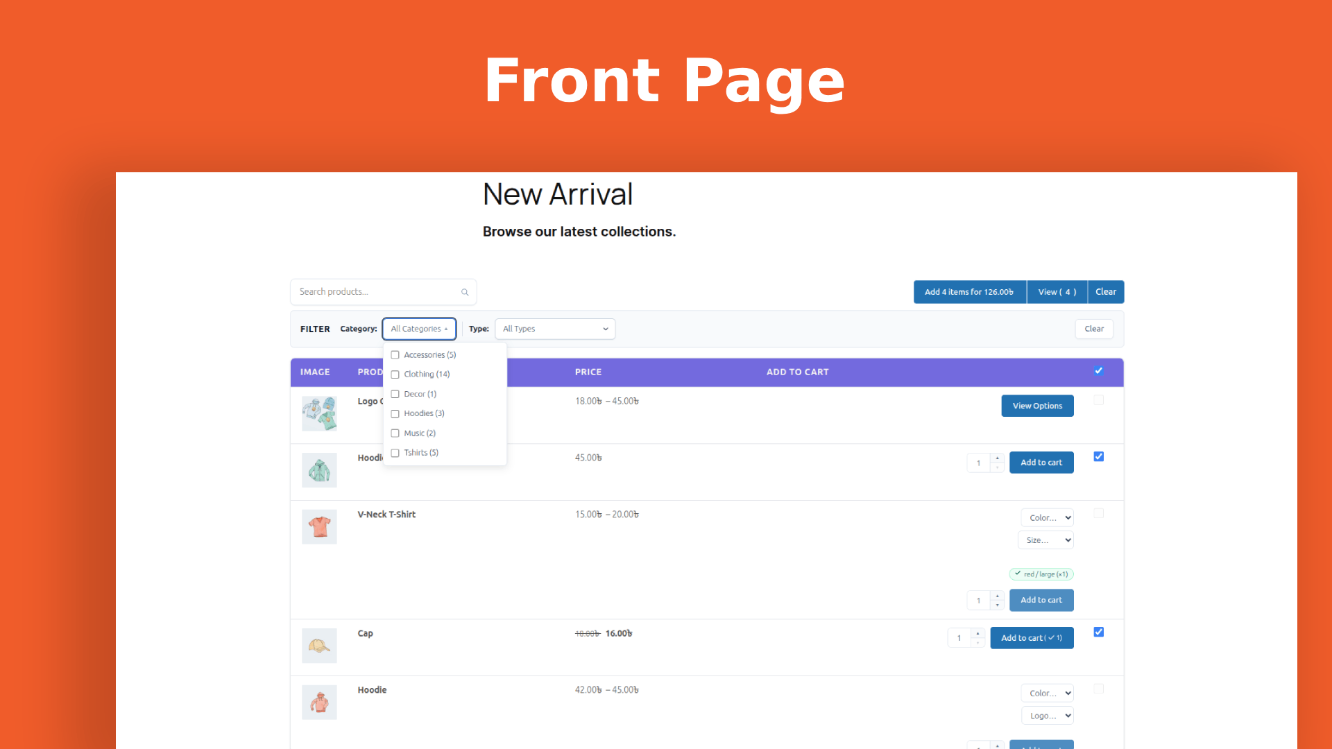 Add products to cart in bulk using the checkbox and add to cart button. View selected items in the floating panel and remove them if needed.