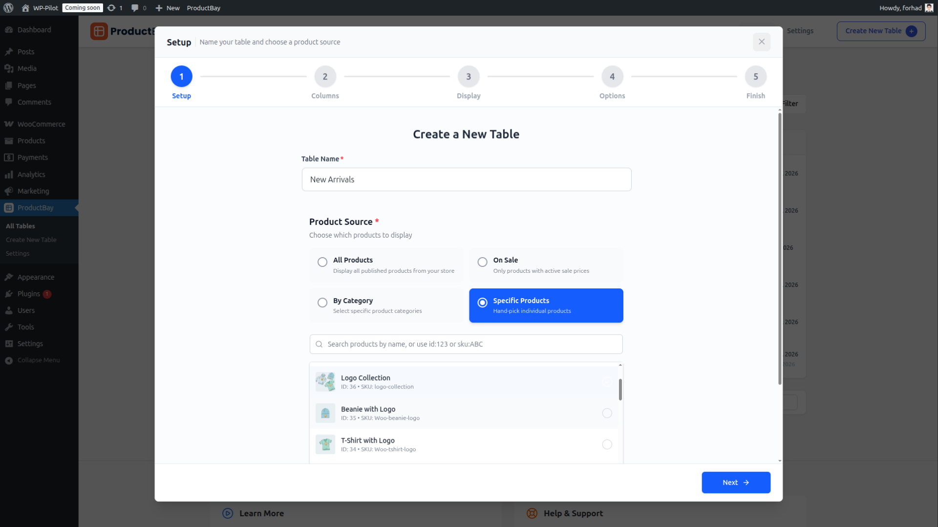 Step 2 — the column editor with drag-and-drop reordering and per-device responsive visibility controls.