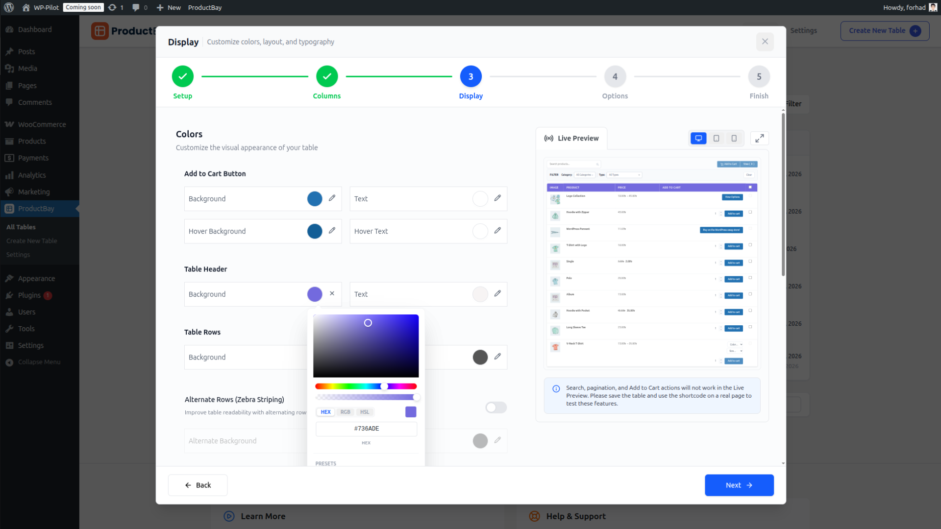 Step 4 — the options panel for configuring filters, pagination, and sorting.