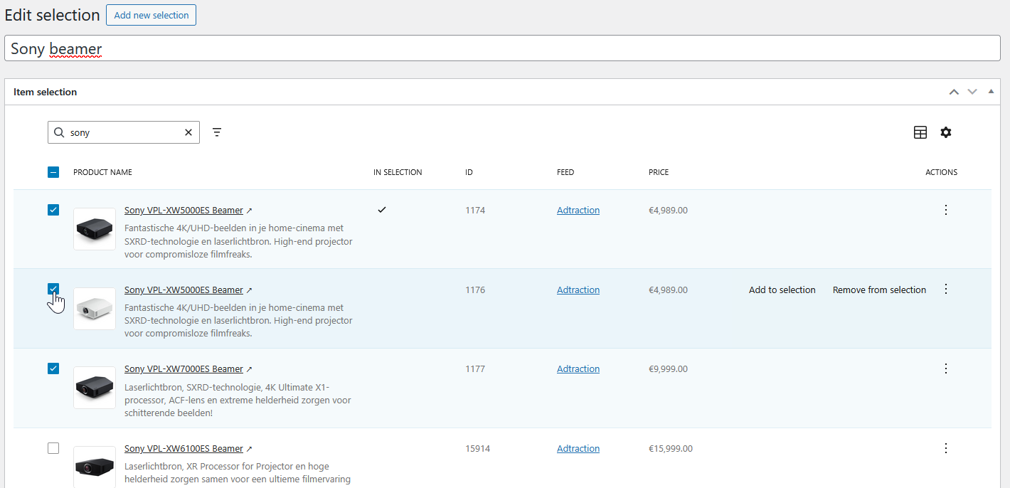 Make selections of products