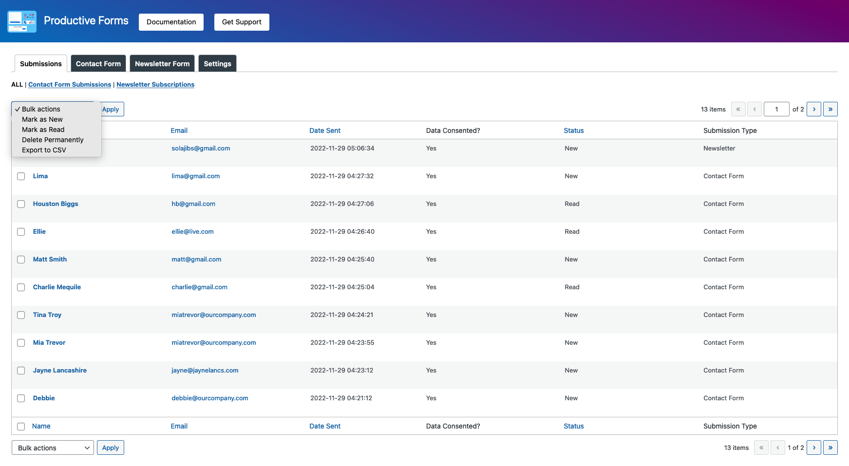 Manage submissions saved in WordPress database