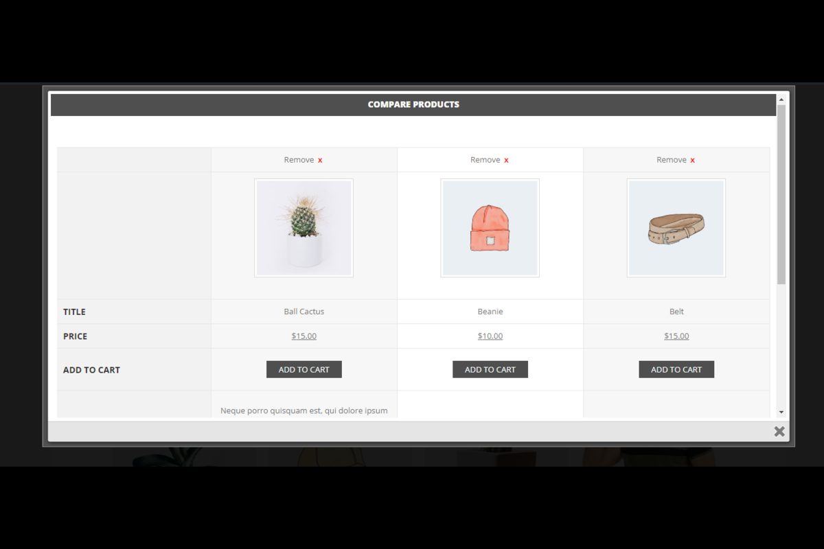 The popup with compare table.