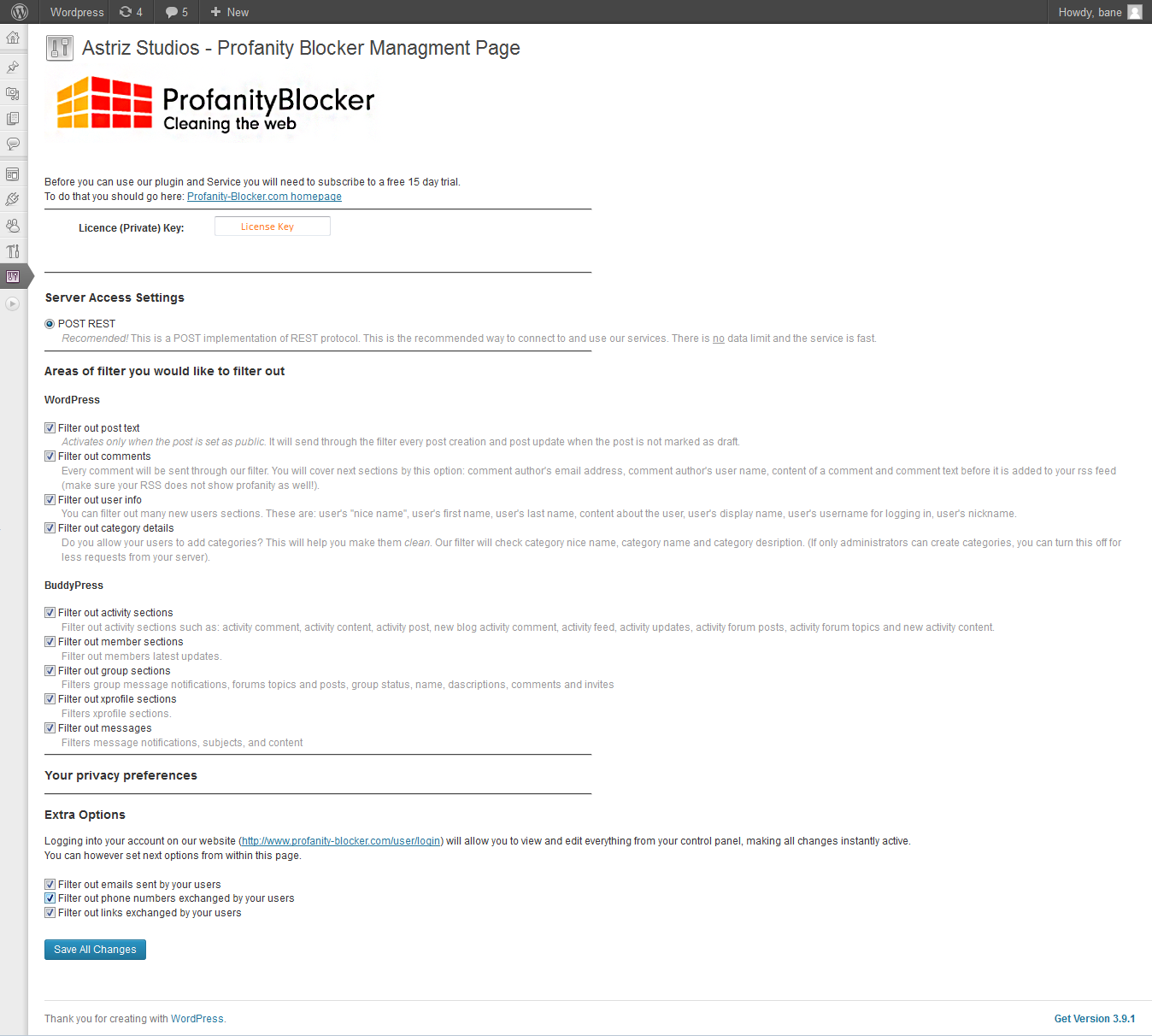 Options available for you to setup and the location where you should enter the license key in order to use our service.