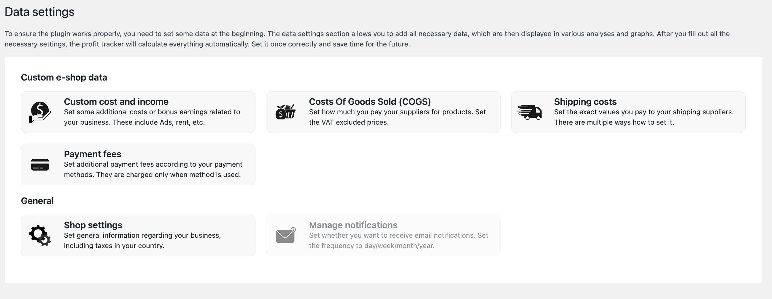 Data settings - Section to set important data